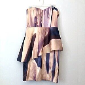 MADAME X Purple Cream Beige Strapless Sweetheart Peplum Dress 42 MEDIUM / LARGE